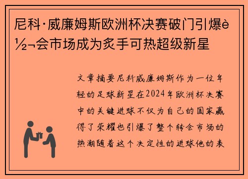 尼科·威廉姆斯欧洲杯决赛破门引爆转会市场成为炙手可热超级新星